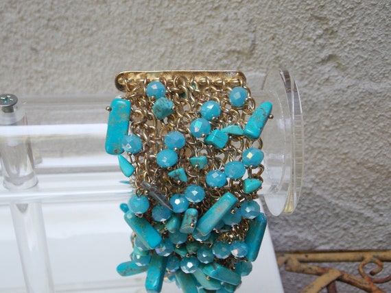 Wide Gold Chainmail Bracelet with Turquoise Beads - image 2