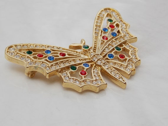 Large Gold Rhinestone Butterfly Pin Brooch with M… - image 3