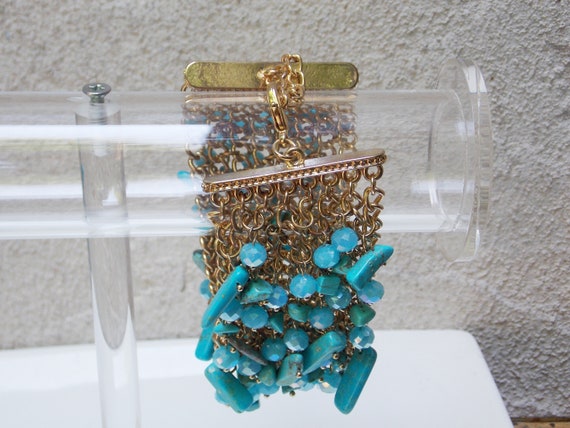 Wide Gold Chainmail Bracelet with Turquoise Beads - image 3