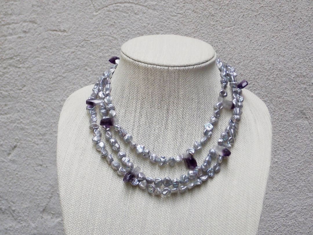 Collier à Trois Rangs En Améthyste Et Argent 925 - Made In Italy - Neuf Avec étiquettes - Longueur 45 Cm