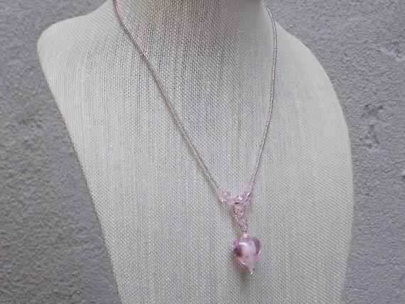 Pink Heart Glass Pendant Necklace with Glass Seed… - image 2