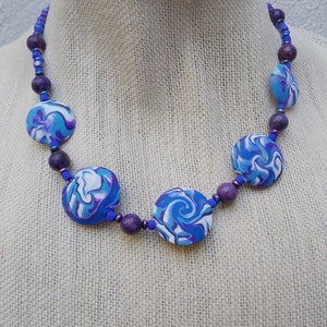 Purple, Blue & White Swirl Bead Necklace Handmade Polymer Clay Beads image 1