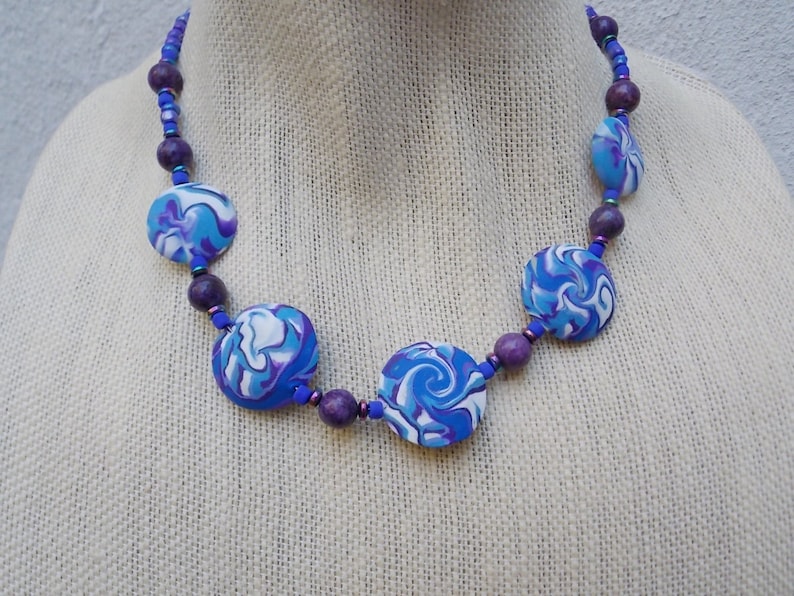 Purple, Blue & White Swirl Bead Necklace Handmade Polymer Clay Beads image 1