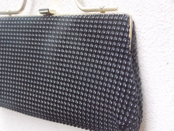 Vintage Black Beaded Clutch with Brushed Gold Top… - image 3