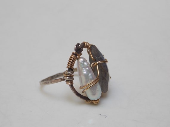 Artisan Delicate Silver Gold Wire Ring, Natural P… - image 1