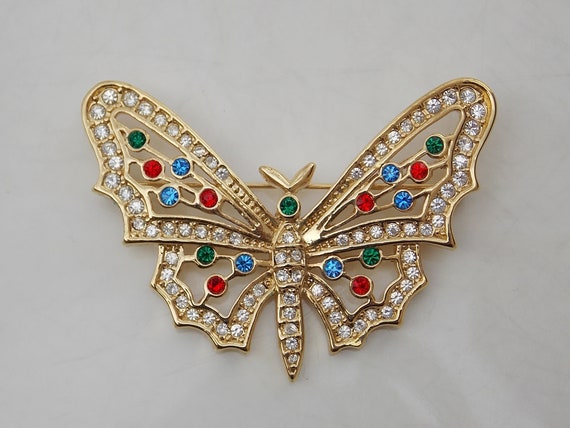 Large Gold Rhinestone Butterfly Pin Brooch with M… - image 1