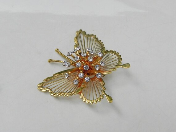 Vintage Gold Butterfly Pin with Rhinestone Burst,