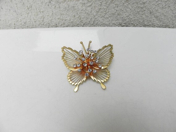 Vintage Gold Butterfly Pin with Rhinestone Burst,… - image 2