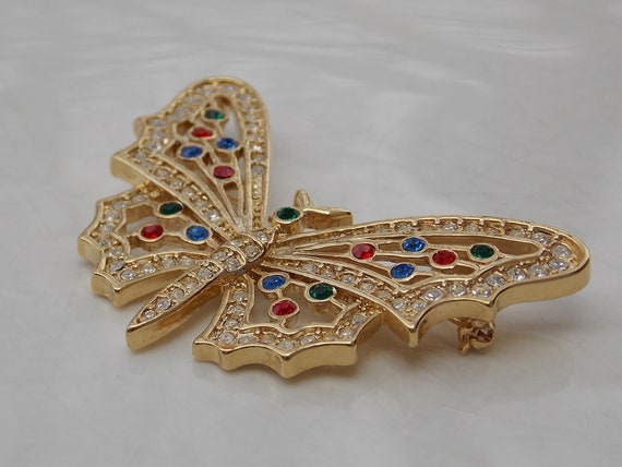 Large Gold Rhinestone Butterfly Pin Brooch with M… - image 4