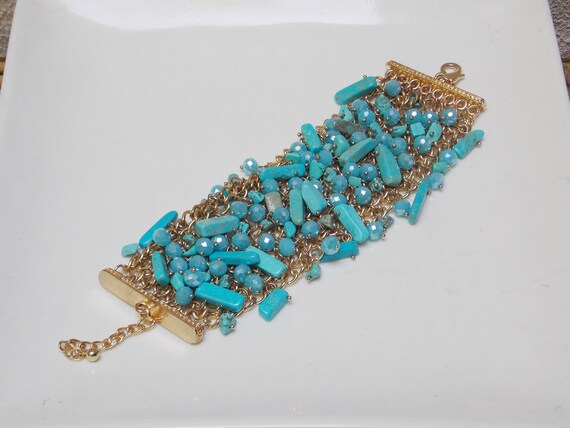 Wide Gold Chainmail Bracelet with Turquoise Beads - image 4