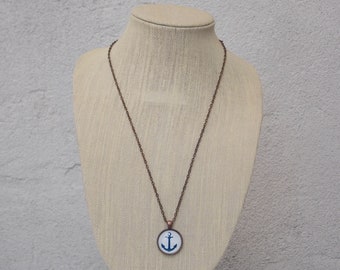 Blue & White Anchor Pendant Necklace, Long Nautical Necklace