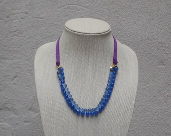 Blue Bead Purple Ribbon Necklace