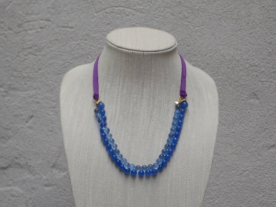 Blue Bead Purple Ribbon Necklace