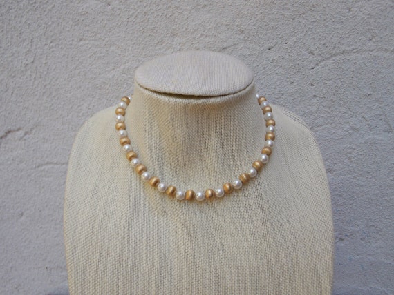 Vintage Pearl Gold Bead Choker Necklace - image 1