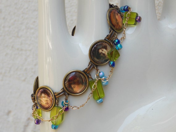 Victorian Ladies Vintage Charm Bracelet with Gree… - image 1