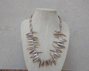 Dramatic Long Mother of Pearl Teeth Necklace, Shell Necklace