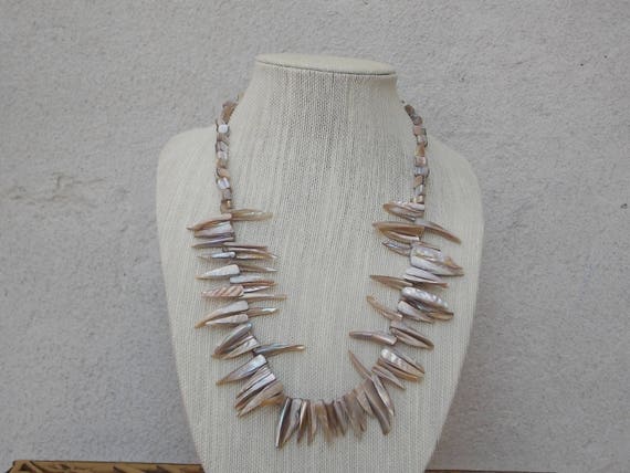 Dramatic Long Mother of Pearl Teeth Necklace, She… - image 1