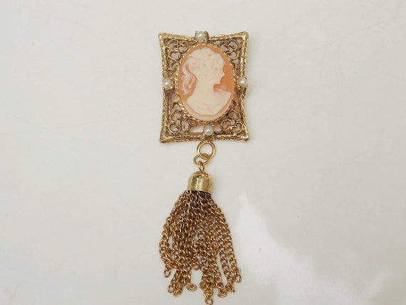 Vintage Faux Carnelian Cameo Pendant with Tassel,… - image 2