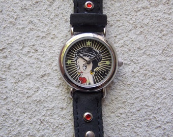 Betty Boop Wrist Watch by Valdawn, Leather Band, Black and Red,  Rock & Roll