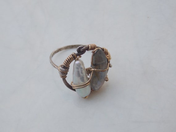 Artisan Delicate Silver Gold Wire Ring, Natural P… - image 4