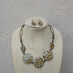 Oversized Round Flat Bead Statement Necklace with Dangle Earrings - African, Natural, Animal Print