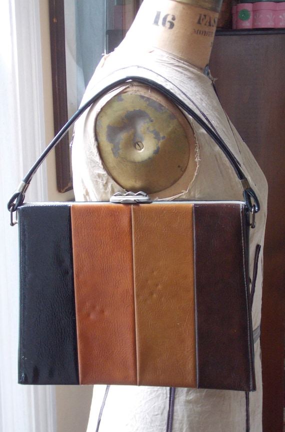 Vintage Faux Patton Leather Brown Black Handbag S… - image 3
