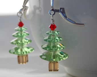 Christmas Tree Earrings in Swarovsky Crystal with Sterling Silver Clasp. Elegant and Modern