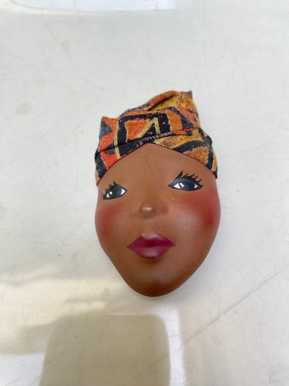 Ceramic Female Face Brooch Pin with Headress, Afr… - image 2