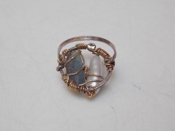 Artisan Delicate Silver Gold Wire Ring, Natural P… - image 5