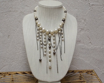 Large Oversized Pearl & Rhinestone Statement Necklace, Black and White Pearls
