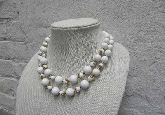 Monet White Two Tier Necklace with Gold Accents, … - image 3