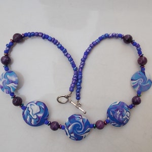 Purple, Blue & White Swirl Bead Necklace Handmade Polymer Clay Beads image 2