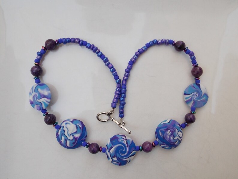 Purple, Blue & White Swirl Bead Necklace Handmade Polymer Clay Beads image 2