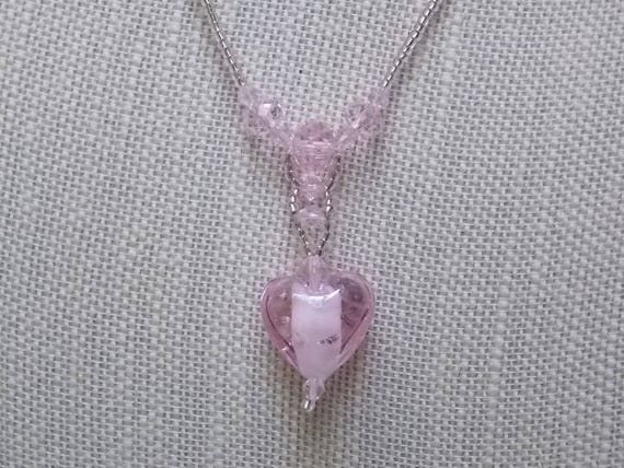 Pink Heart Glass Pendant Necklace with Glass Seed… - image 3