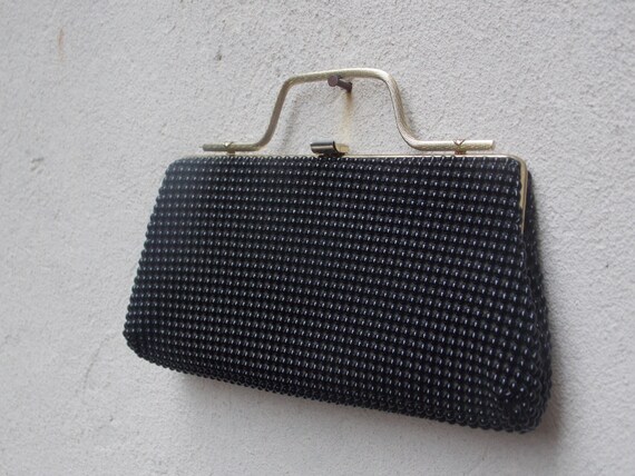 Vintage Black Beaded Clutch with Brushed Gold Top… - image 2