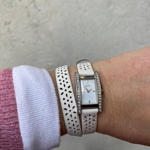 Small White Diamond Guess Watch with Cut-Out Wrap Around White Leather Band