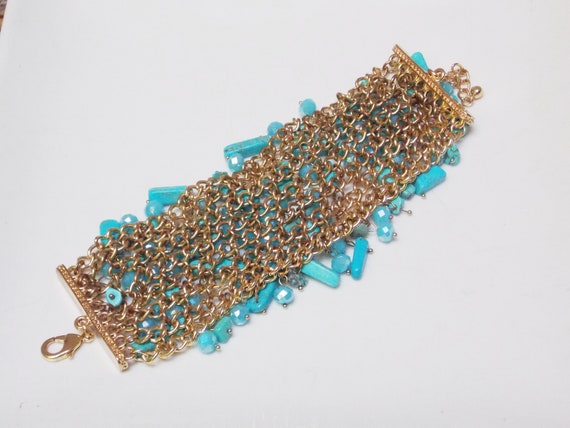 Wide Gold Chainmail Bracelet with Turquoise Beads - image 5