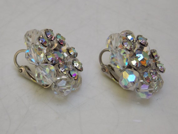 Vintage Cluster Aurora Borealis Rhinestone Earrin… - image 3