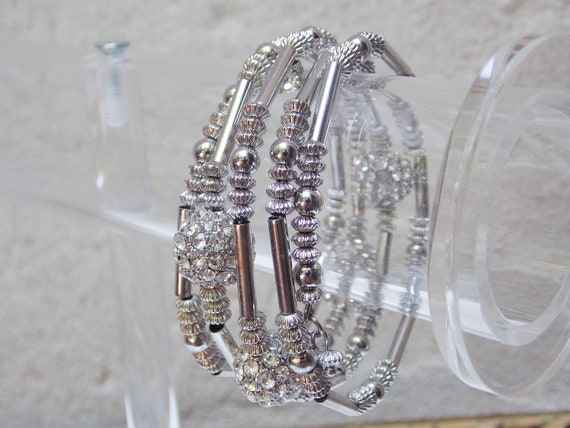 Silver Rhinestone Wire Wrap Sparkly Bracelet - image 3