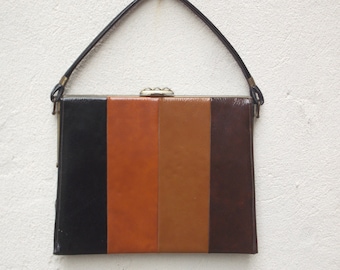 Vintage Faux Patton Leather Brown Black Handbag Shoulder Purse