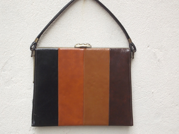 Vintage Faux Patton Leather Brown Black Handbag S… - image 1