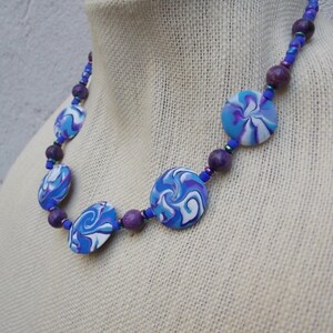 Purple, Blue & White Swirl Bead Necklace Handmade Polymer Clay Beads image 3