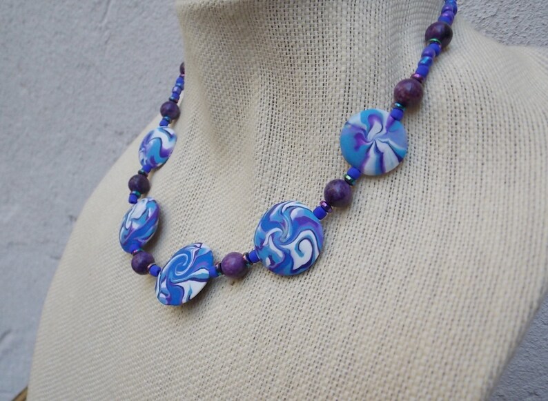 Purple, Blue & White Swirl Bead Necklace Handmade Polymer Clay Beads image 3