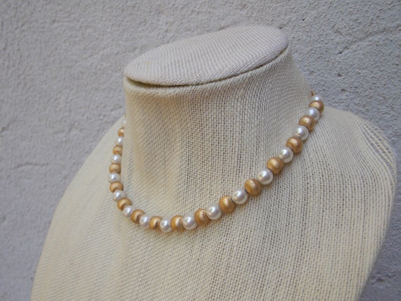Vintage Pearl Gold Bead Choker Necklace - image 3