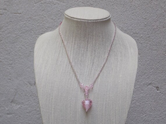 Pink Heart Glass Pendant Necklace with Glass Seed… - image 1
