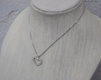 Vintage Rhinestone Heart Pendant on Chain Silvertone 15.5 Necklace