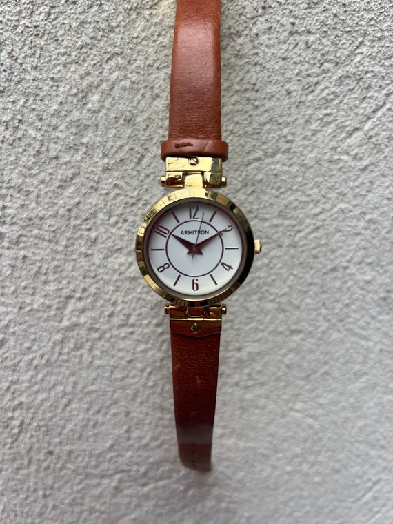 Ladies Round Gold Tone Armitron Watch Brown Leathe