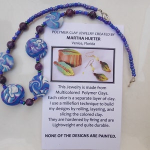 Purple, Blue & White Swirl Bead Necklace Handmade Polymer Clay Beads image 5