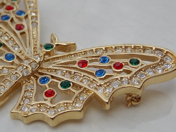 Large Gold Rhinestone Butterfly Pin Brooch with M… - image 5