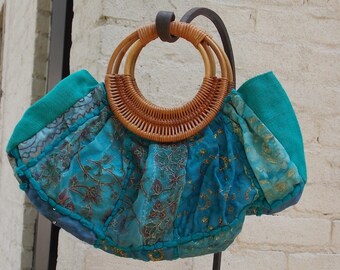 Aqua Blue Fabric Handbag, Round Wicker Handle, Embroidered Indian Bohemian Purse